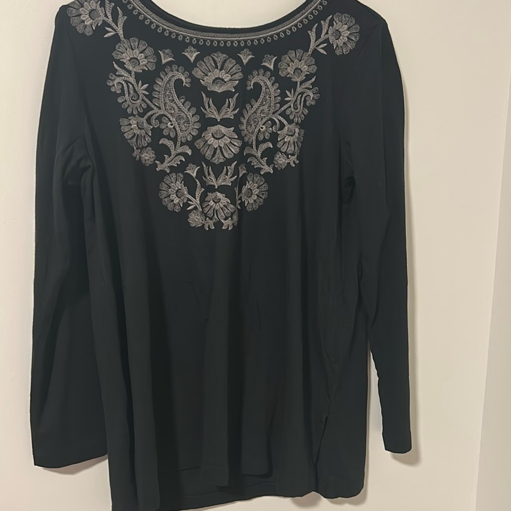 J Jill Black Long Sleeve Embroidered Floral Flower Blouse Size Medium